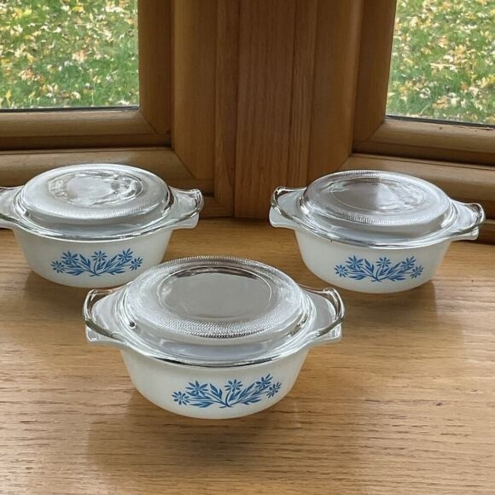 Three Vintage Fire King Blue Cornflower Mini Casserole Covered Dish 6 Oz